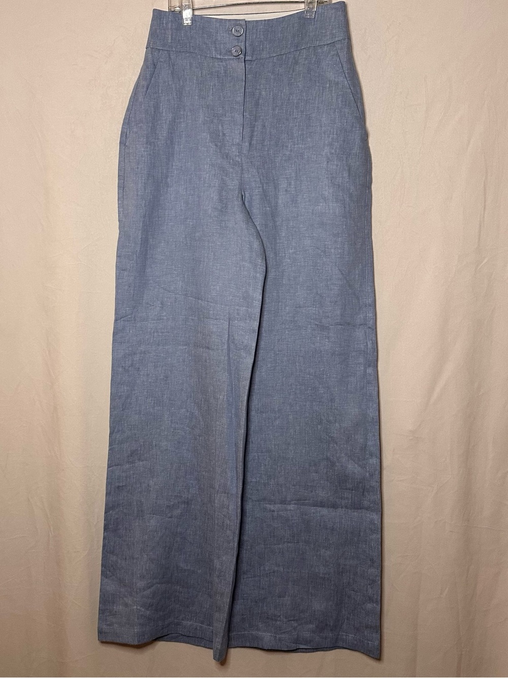 Old Money high rise wide leg office trousers blue chambray XS Quiet luxury boho